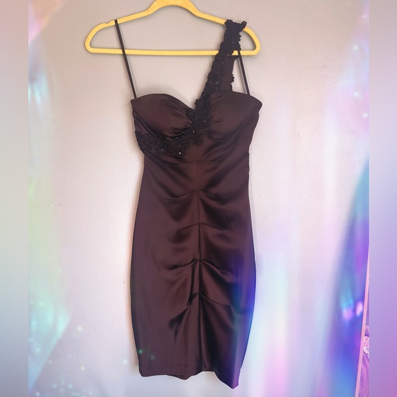 Xscape Asymmetrical Beaded Strap Ruched Mini Dress - Picture 2 of 7